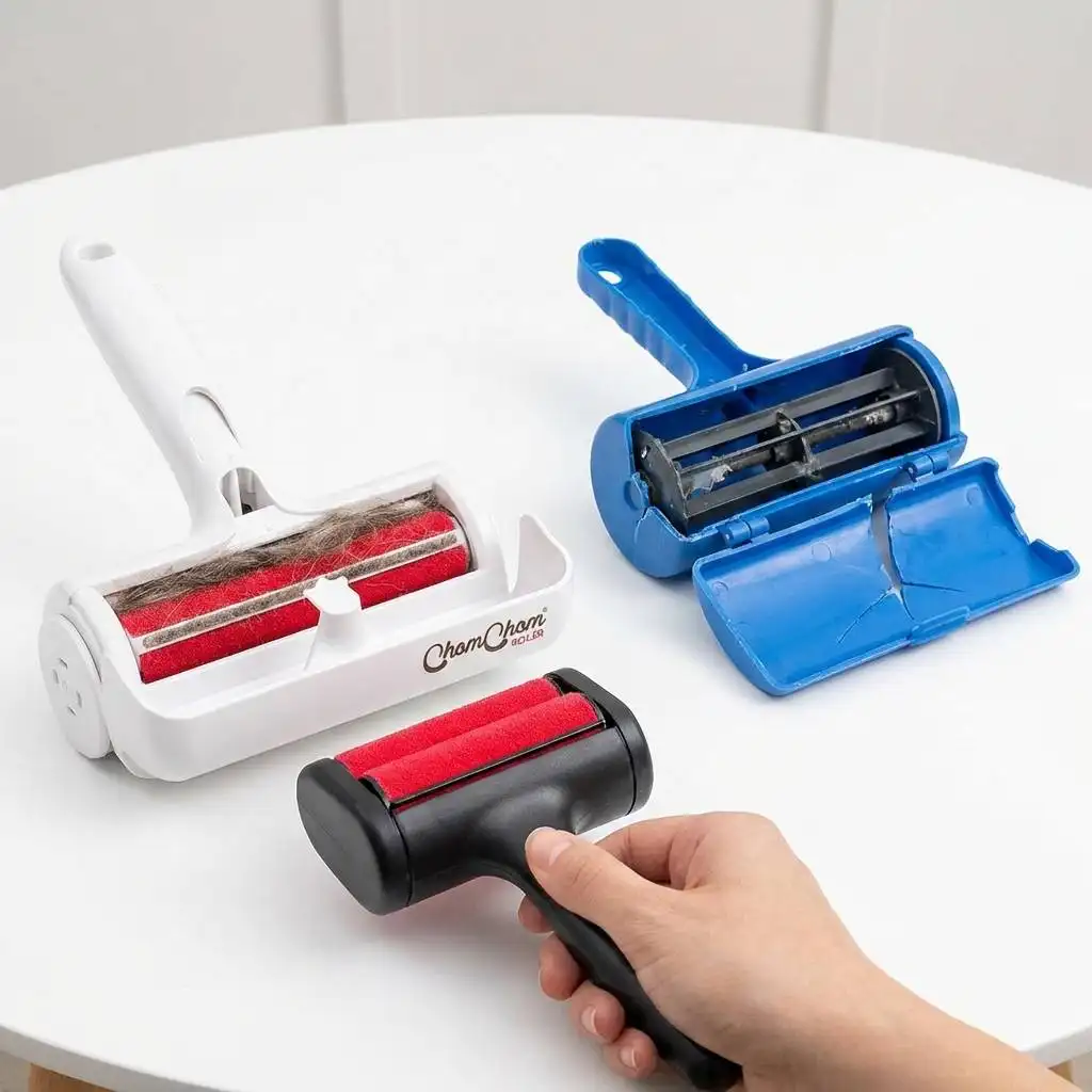 A sturdy white genuine roller beside a cracked and broken blue imitation roller on a clean tabletop. A sturdy white genuine roller beside a cracked and broken blue imitation roller on a clean tabletop.