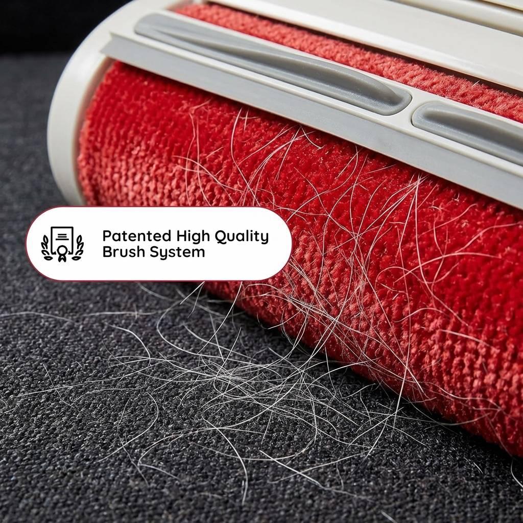 Red velvet cleaning head fibers lifting white dog hair from a dark grey textured fabric surface. Red velvet cleaning head fibers lifting white dog hair from a dark grey textured fabric surface.