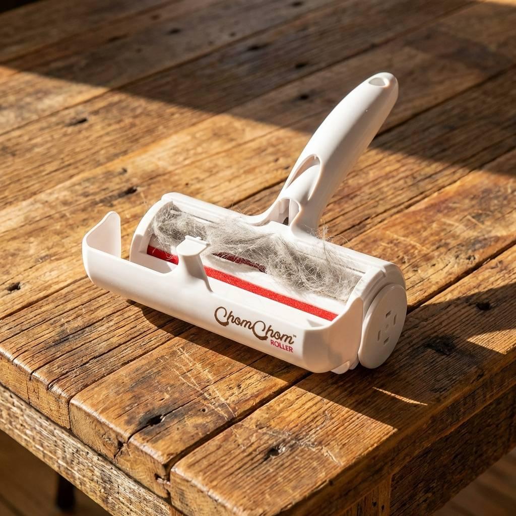 ChomChom pet hair remover on a sunlit reclaimed wood table with the lid open to reveal collected fur inside the white plastic housing.