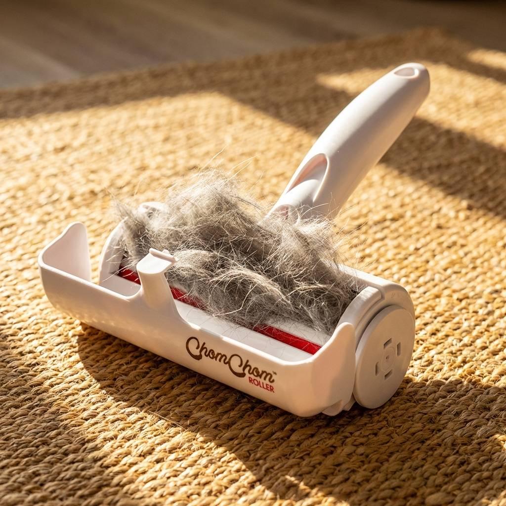 ChomChom Roller on a textured jute rug, open to reveal a large amount of collected grey pet hair and a tape-free design illuminated by sunlight. ChomChom Roller on a textured jute rug, open to reveal a large amount of collected grey pet hair and a tape-free design illuminated by sunlight.