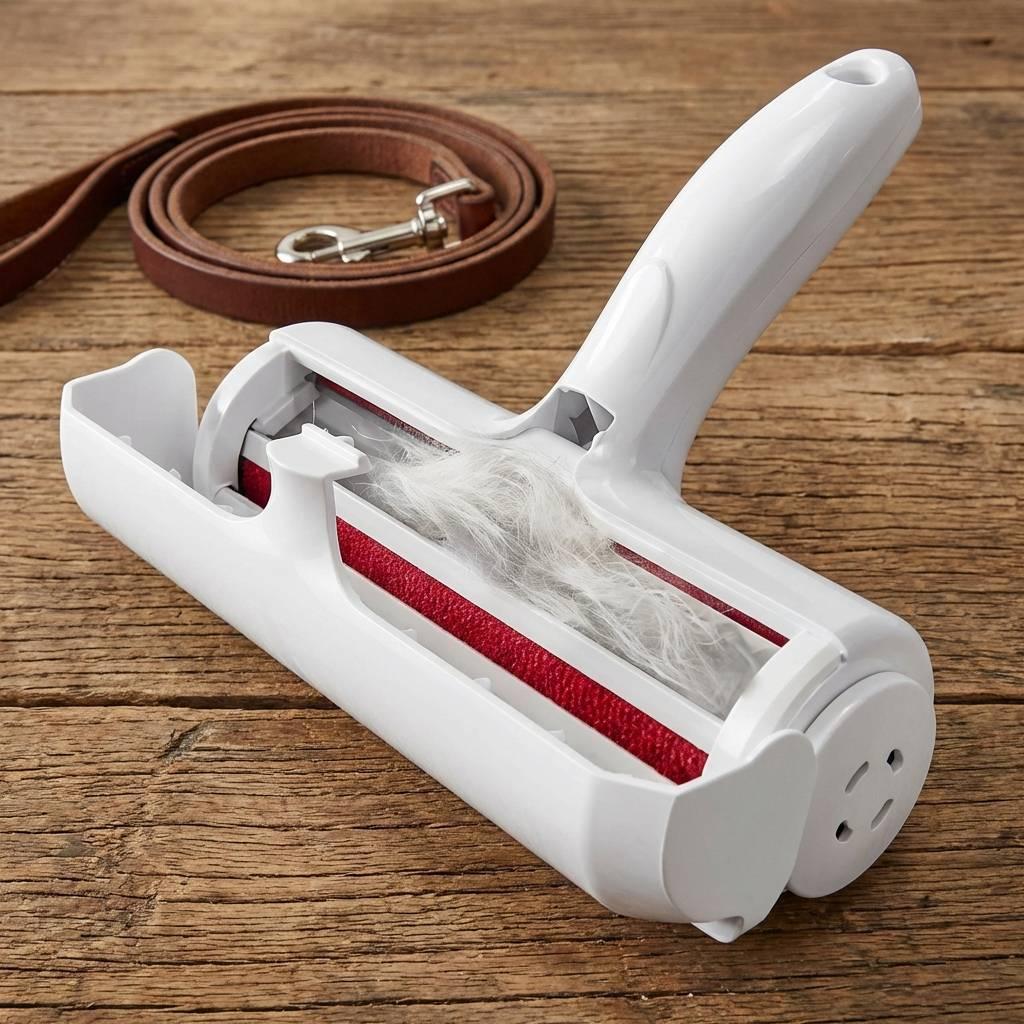 Glossy white pet hair remover with an open lid revealing red velvet strips and trapped fur on a rustic wooden table next to a dog leash. Glossy white pet hair remover with an open lid revealing red velvet strips and trapped fur on a rustic wooden table next to a dog leash.