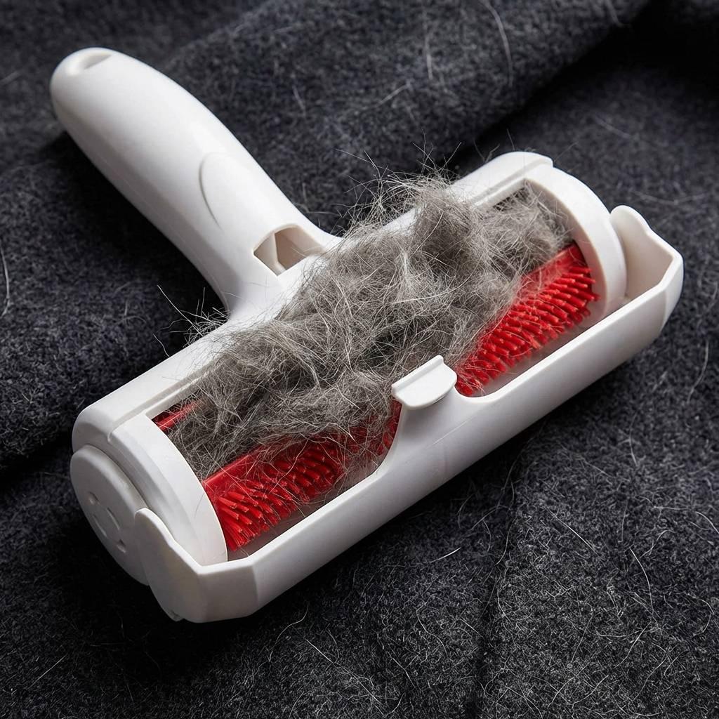 Open chamber of a pet hair removal device filled with a large clump of grey cat hair on dark fabric. Open chamber of a pet hair removal device filled with a large clump of grey cat hair on dark fabric.