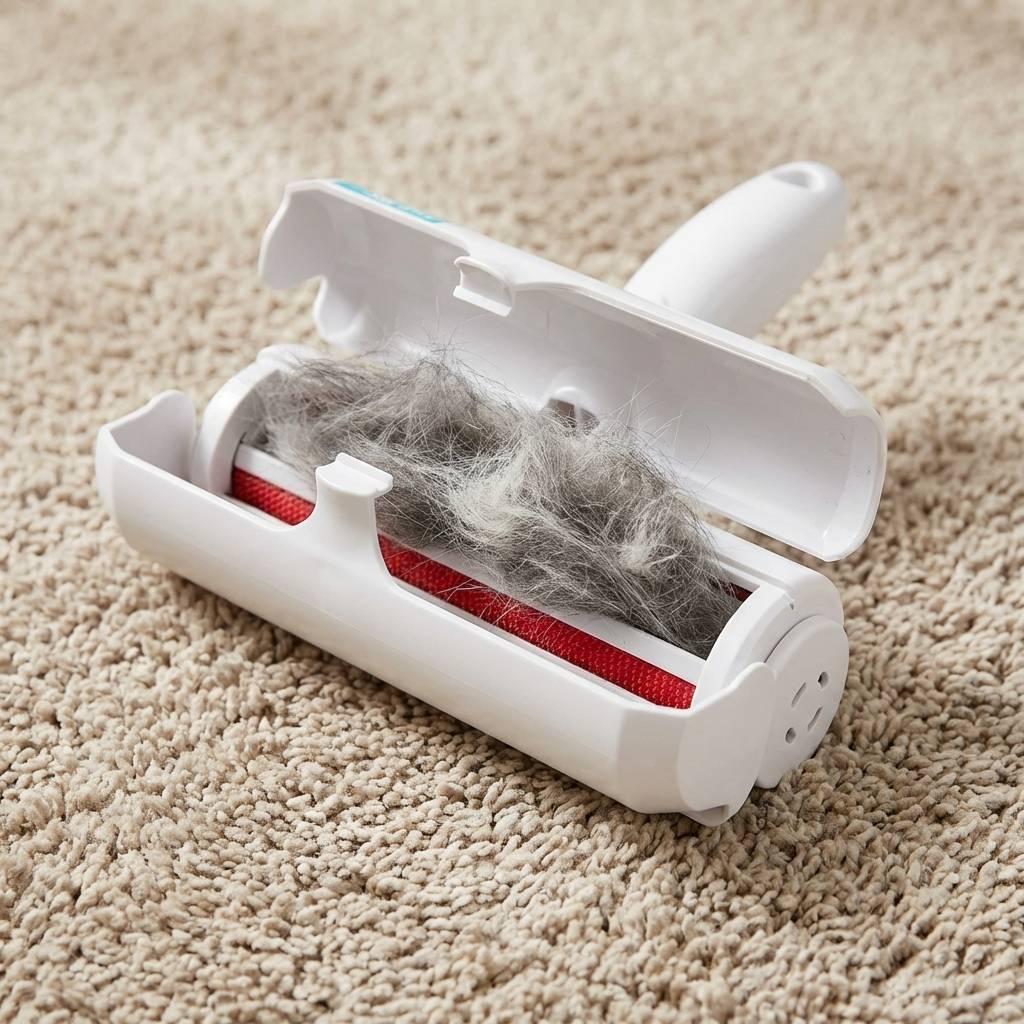 Pet hair remover on a beige organic cotton rug with its lid open to reveal collected cat fur. Pet hair remover on a beige organic cotton rug with its lid open to reveal collected cat fur.