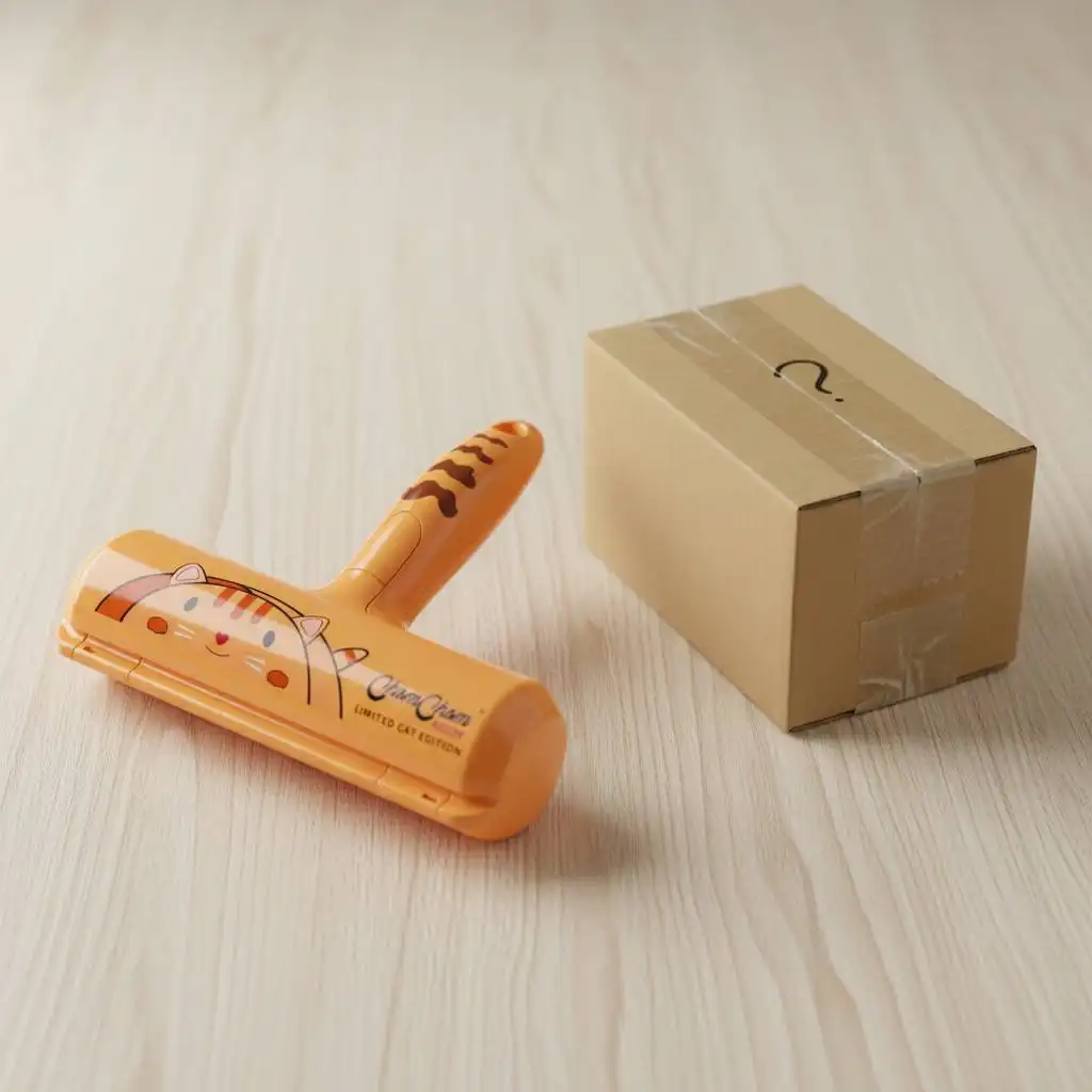Official orange ChomChom Roller pet hair remover with a cat-themed handle compared to a generic unbranded knock-off on a wooden table. Official orange ChomChom Roller pet hair remover with a cat-themed handle compared to a generic unbranded knock-off on a wooden table.