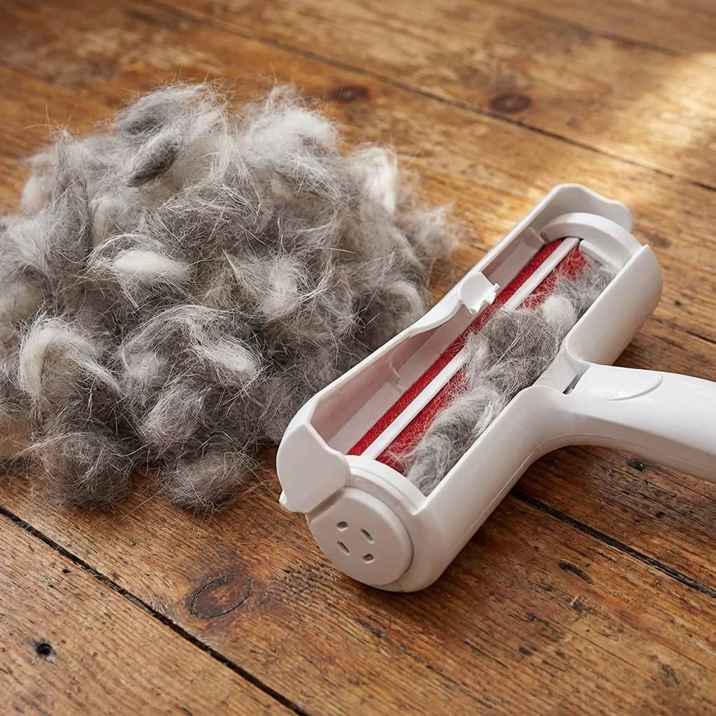 Open vacuum hatch displaying a large volume of collected pet fur and dust bunnies on a rustic wooden floorboard.
