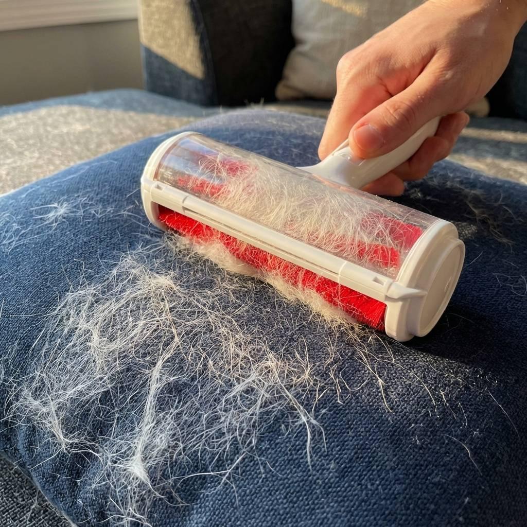 Pet hair removal tool lifting white dog fur from a navy blue organic cotton throw pillow.