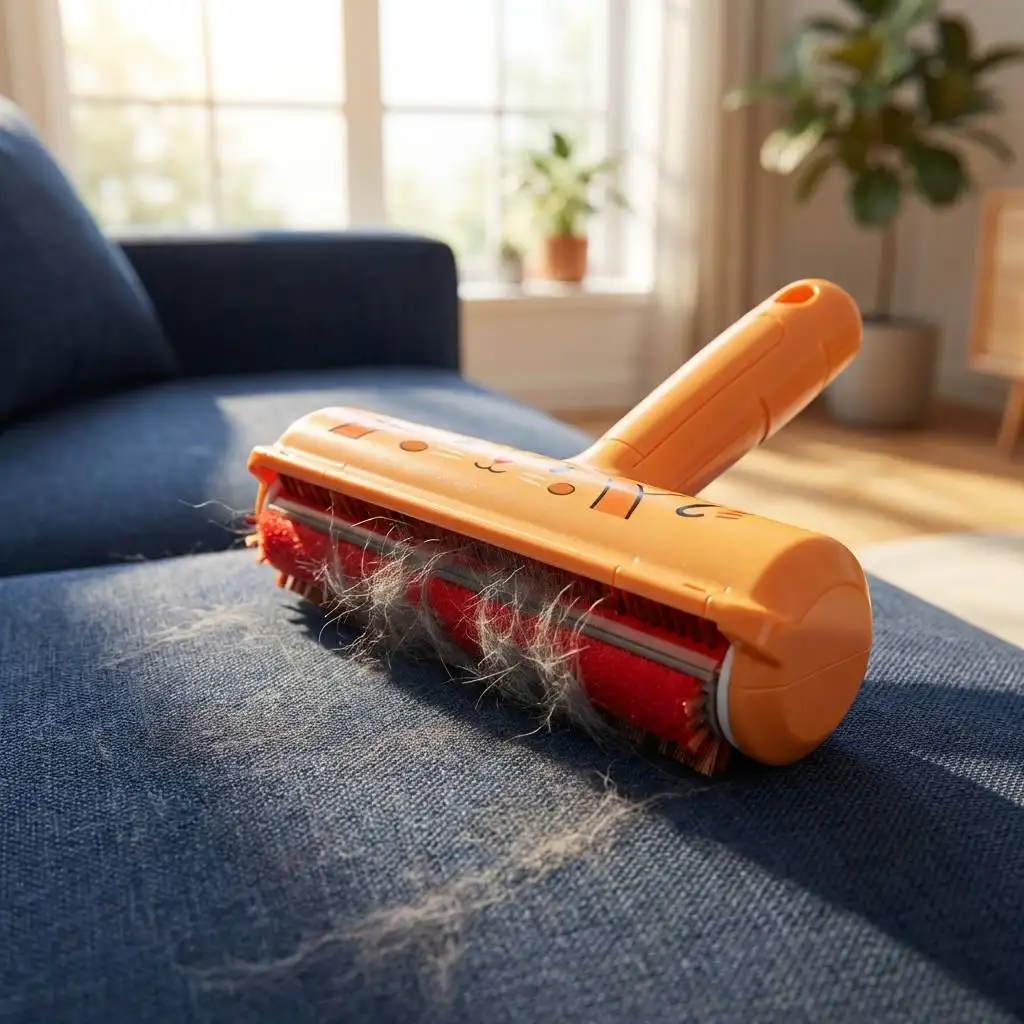 Pet hair removal tool lifting grey cat fur from a navy blue textured sofa, showcasing the underside mechanism engaging with the fabric.