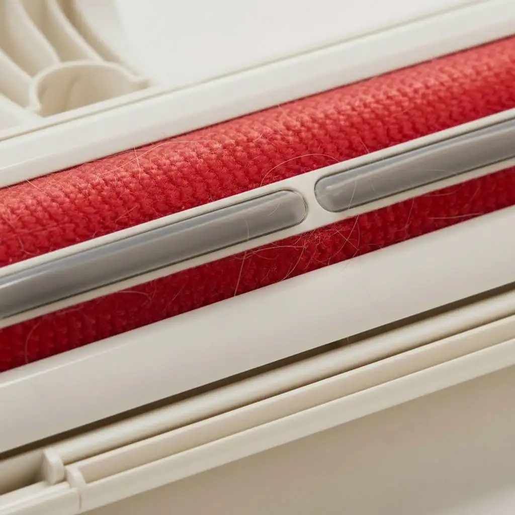 Macro shot of a white pet hair remover tool with red velvet strips and a grey rubber blade trapping white cat fur.