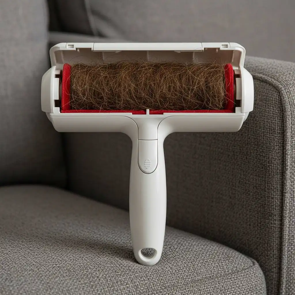 White T-shaped pet hair remover tool with an open chamber filled with collected brown dog hair on a textured grey fabric sofa.