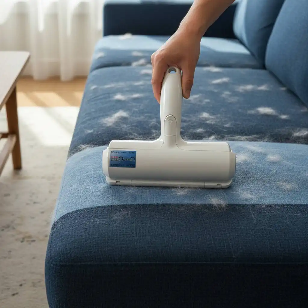 White T-shaped pet hair remover tool clearing white fur from a textured navy blue sofa cushion to leave a distinct clean path in a sunny living room.