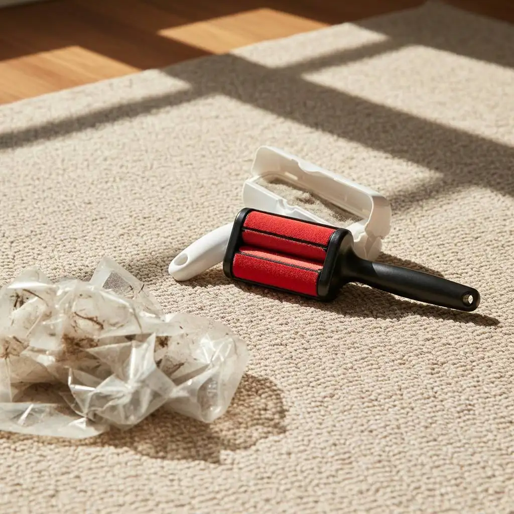 A white ChomChom pet hair roller with an open lint chamber and red velvet strips sits on a sunlit rug beside a pile of used sticky tape sheets. A white ChomChom pet hair roller with an open lint chamber and red velvet strips sits on a sunlit rug beside a pile of used sticky tape sheets.