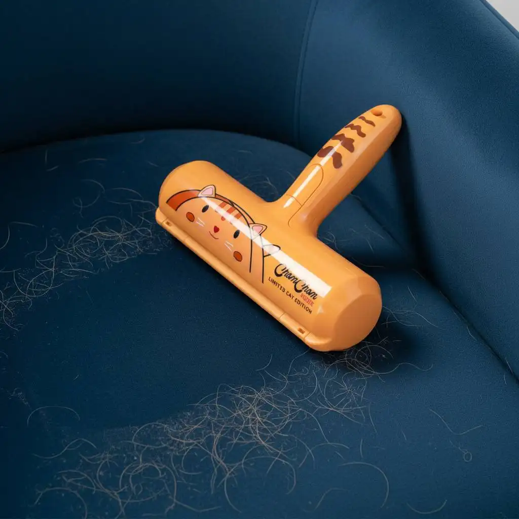 Orange cat-themed pet hair roller clearing a visible path through dog hair on a navy blue velvet armchair. Orange cat-themed pet hair roller clearing a visible path through dog hair on a navy blue velvet armchair.