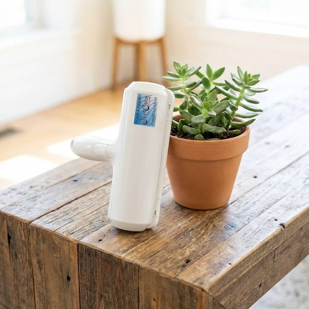Upright tool on a reclaimed wooden table beside a potted succulent, highlighting a clean, green lifestyle aesthetic.