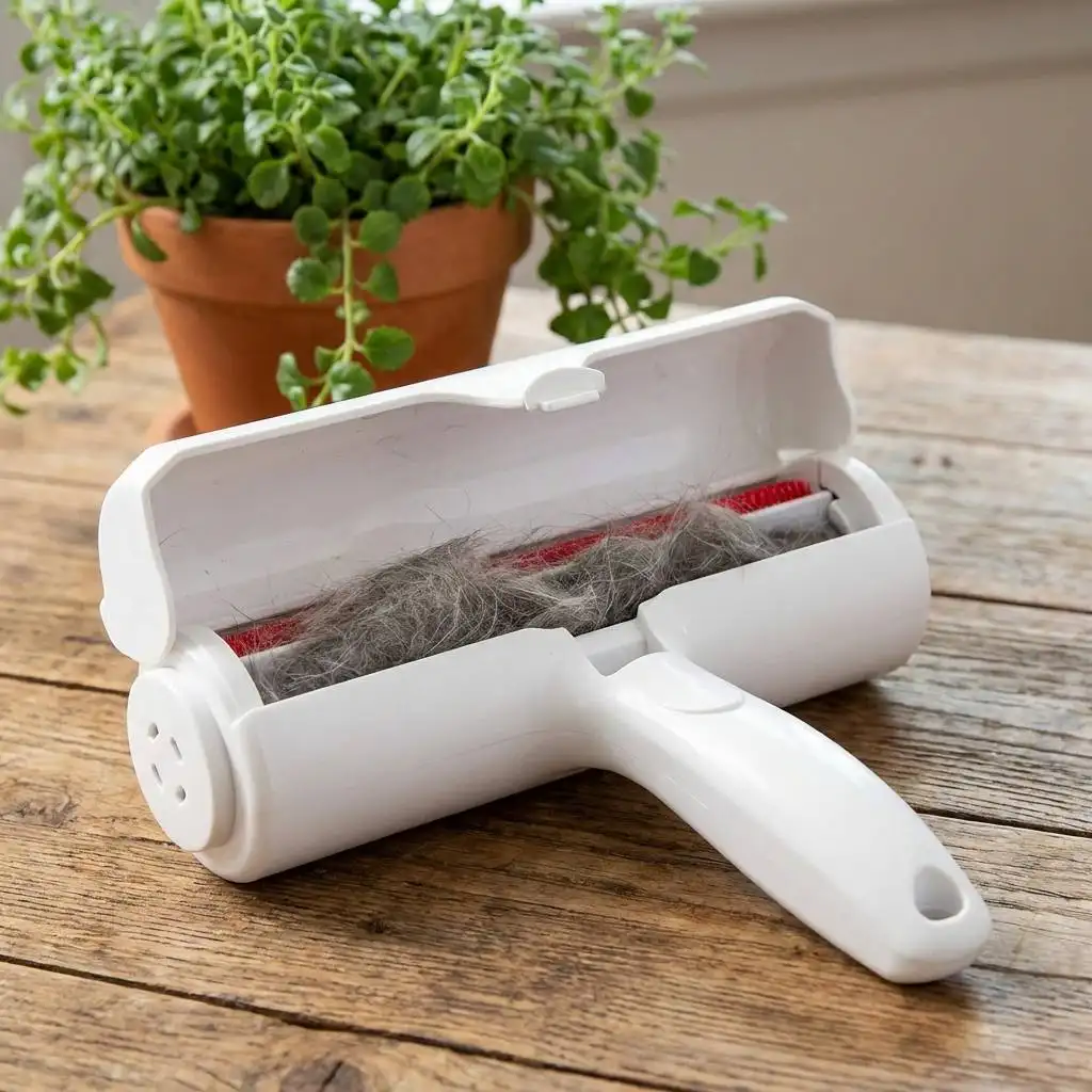 Reusable pet hair remover tool with an open compartment full of collected grey cat fur on a wooden table with a blurred plant background.