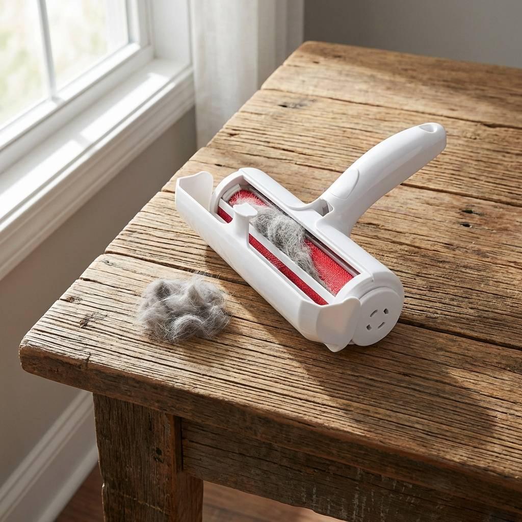 Collected grey cat hair next to a reusable lint remover on a rustic wooden table, demonstrating a zero-waste and compostable alternative to sticky paper rollers. Collected grey cat hair next to a reusable lint remover on a rustic wooden table, demonstrating a zero-waste and compostable alternative to sticky paper rollers.