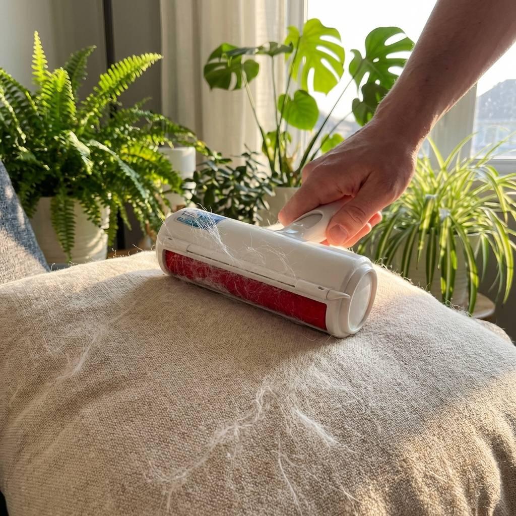 White plastic roller cleaning a beige organic cotton throw pillow in a sunlit, plant-filled living room. White plastic roller cleaning a beige organic cotton throw pillow in a sunlit, plant-filled living room.