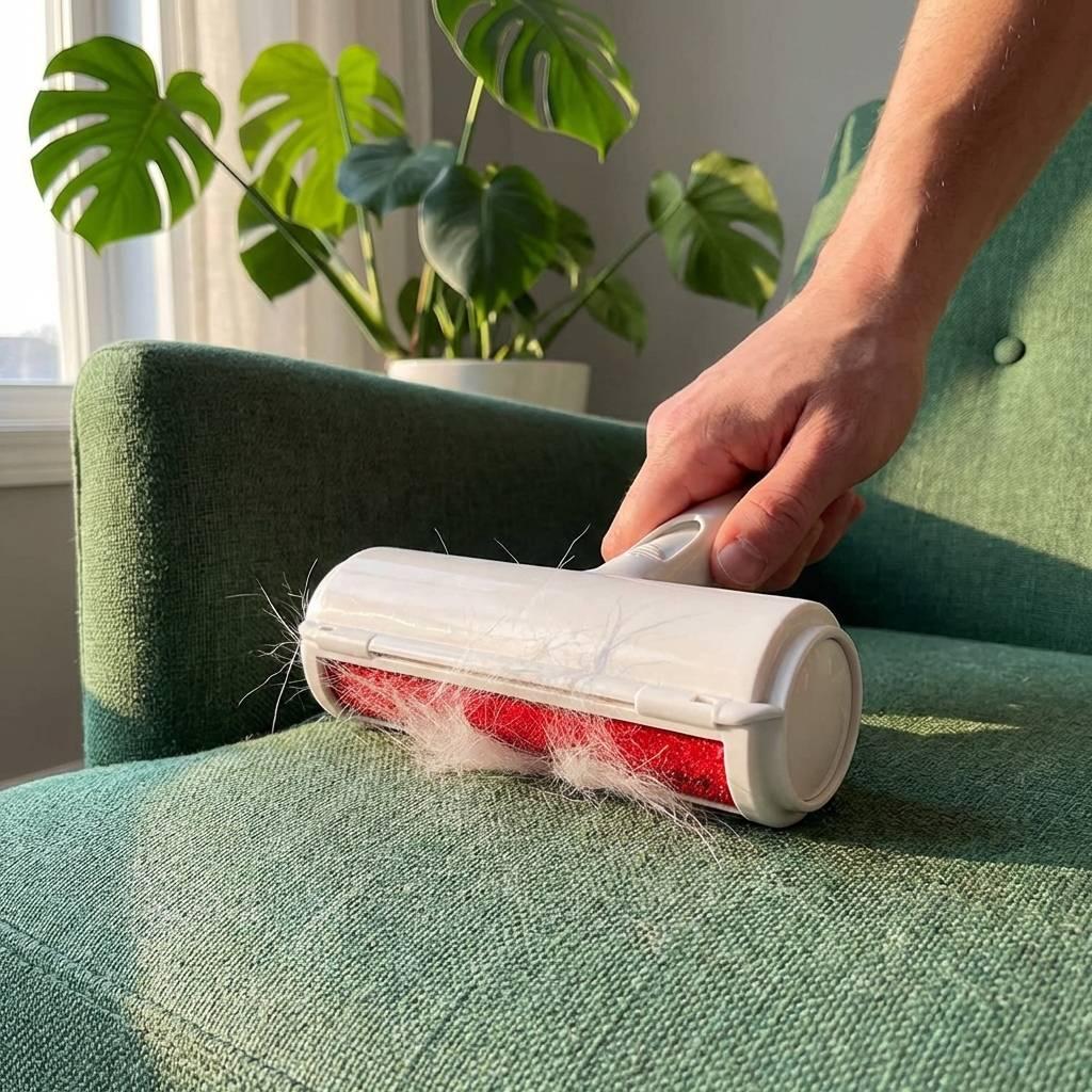 A pet hair roller removes white cat fur from a textured green armchair with a blurred monstera plant in the background.