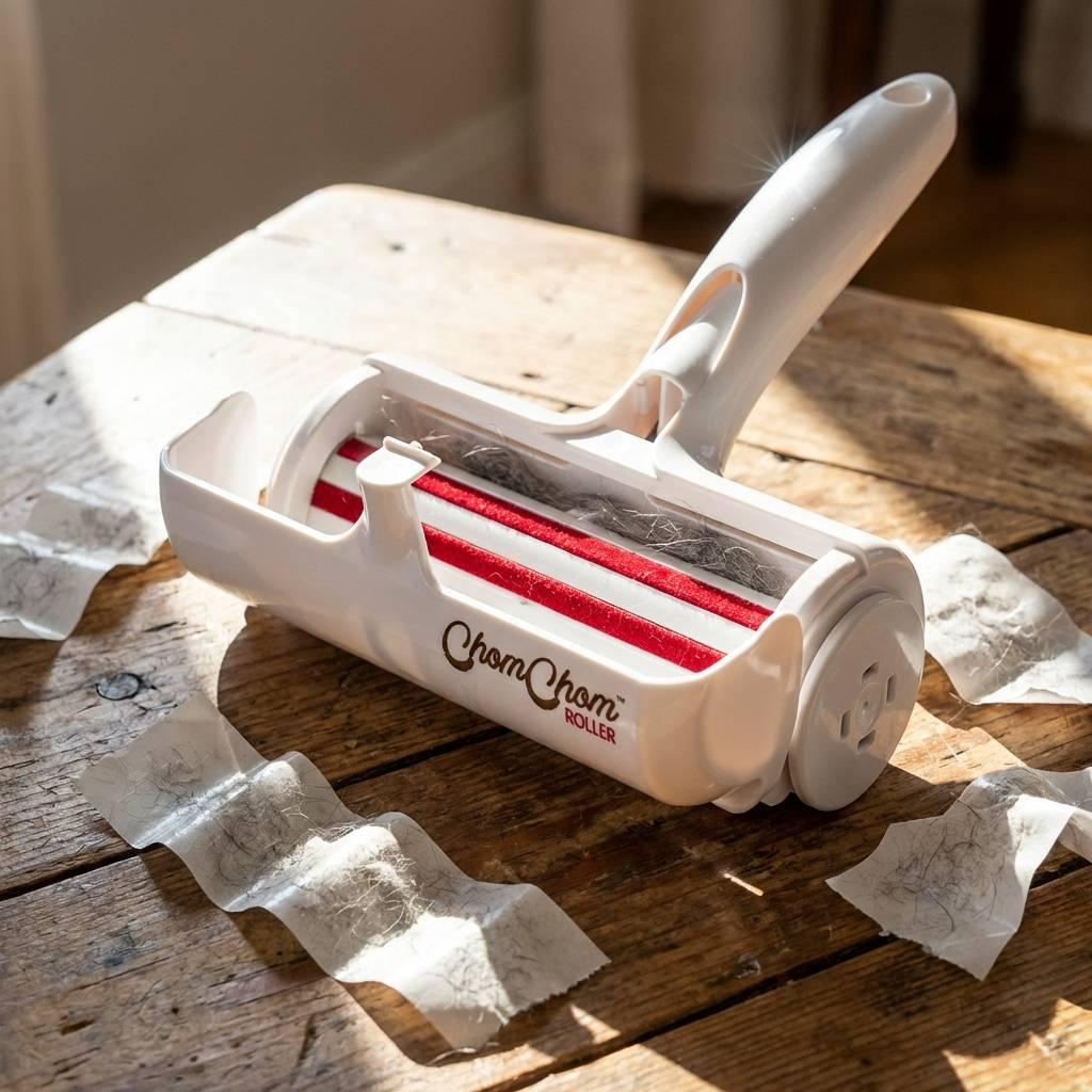 An open ChomChom Roller showing red velvet pet hair removal strips on a sunlit rustic wooden table next to crumpled sticky tape sheets. An open ChomChom Roller showing red velvet pet hair removal strips on a sunlit rustic wooden table next to crumpled sticky tape sheets.
