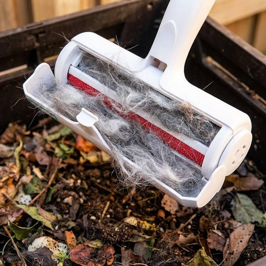 An open pet hair roller dustbin packed with grey and white fur being emptied into a compost bin. An open pet hair roller dustbin packed with grey and white fur being emptied into a compost bin.
